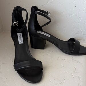 Steve Madden Black Leather Ankle-Strap Block Heel Sandals